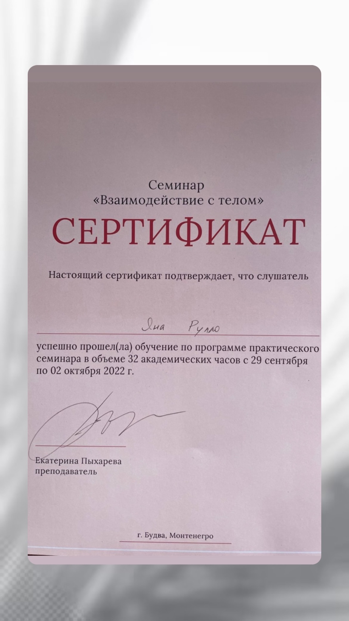 Сертификат семинара Взаимодействие с телом